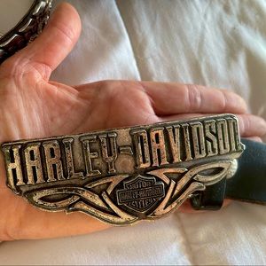 Harley Davidson belt bucket and belt. Heavy. Aged. But meant to be distressed.